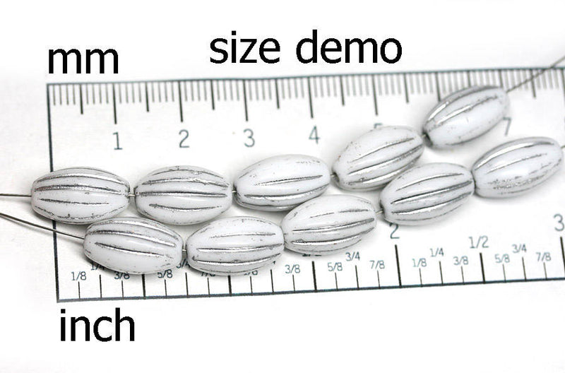 14x8mm Green Gray oval Picasso finish Carved Large czech glass rustic barrel beads - 8Pc