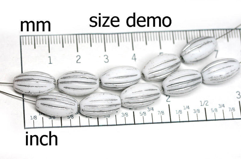 14x8mm Pearl White oval Carved Large czech glass barrel beads Pearly coating - 8Pc