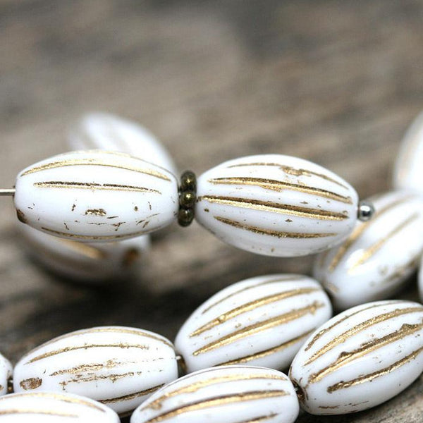 14x8mm White oval Large czech glass barrel beads Gold wash - 8Pc