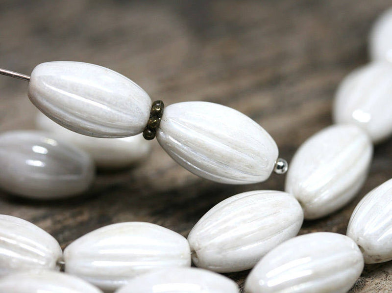 14x8mm Pearl White oval Carved Large czech glass barrel beads Pearly coating - 8Pc