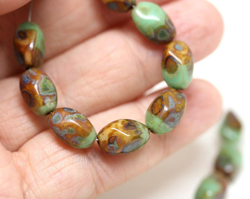 11x7mm Picasso czech glass Rustic Green Brown oval Mixed color twist barrel beads - 20Pc