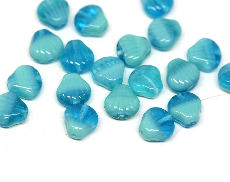 20pc Blue glass shell beads Mixed Sea Blue czech beads 9mm