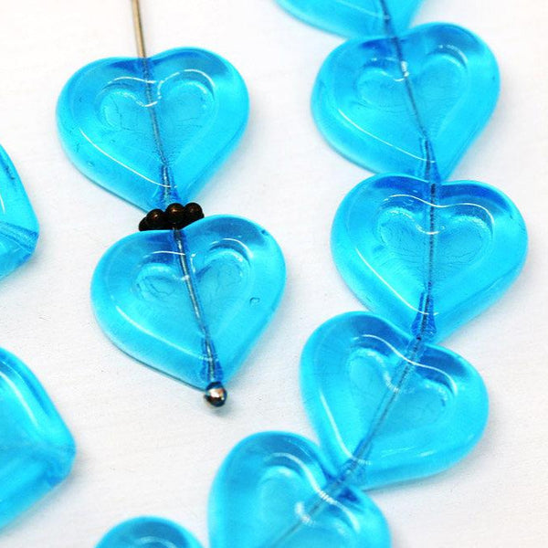 14mm Aqua Blue Heart beads Sea Blue Czech glass beads - 10pc