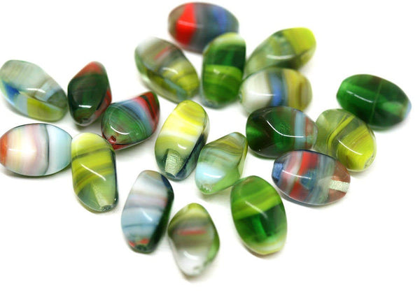 11x7mm Green czech glass beads, Mixed Green Red oval twist barrels 20Pc