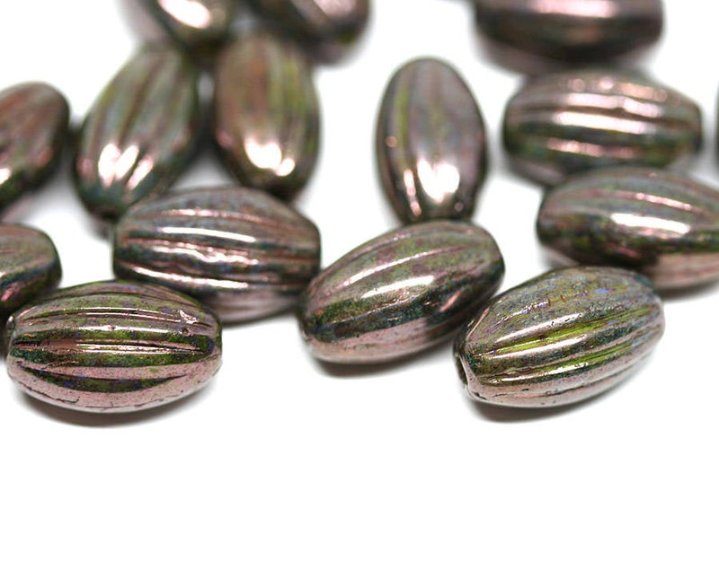 14x8mm Dark Bronze oval carved large czech glass barrel beads Luster coating - 8Pc