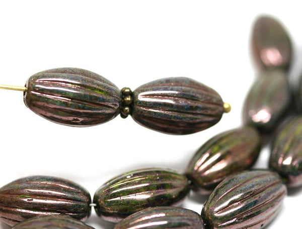 14x8mm Dark Bronze oval carved large czech glass barrel beads Luster coating - 8Pc