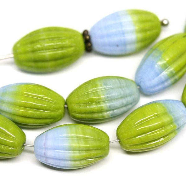 14x8mm Green Blue oval сarved Large czech glass barrel beads 8Pc