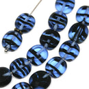 10x9mm Blue flat oval czech glass beads, Black stripes - 10Pc