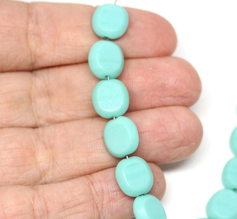 10x9mm Turquoise Green glass flat oval beads - 10Pc