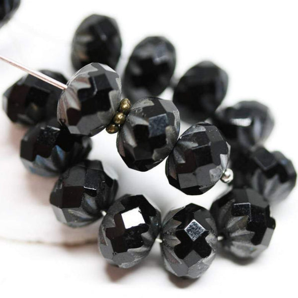 7x10mm Black Matte rondelle Crueller czech glass beads - 8Pc