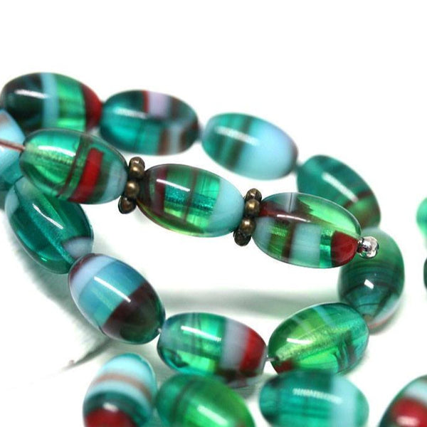 9x6mm Teal Green glass barrel beads Czech glass oval rice beads - 30pc