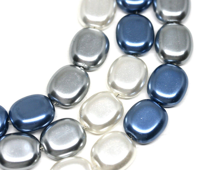 14x12mm Faux Pearl Montana Blue large glass beads, Flat oval - 6Pc