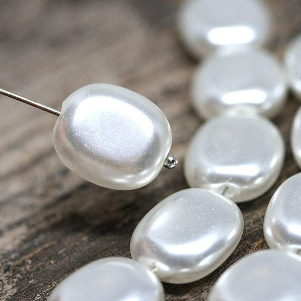14x12mm Faux Pearl white large  Czech glass beads Flat oval - 6Pc