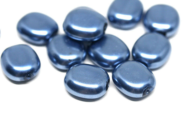 14x12mm Faux Pearl Montana Blue large glass beads, Flat oval - 6Pc