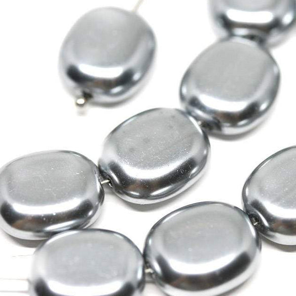 14x12mm Silver Faux Pearl large Czech glass beads Flat oval - 6Pc