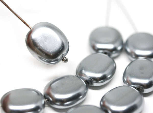 14x12mm Silver Faux Pearl large Czech glass beads Flat oval - 6Pc