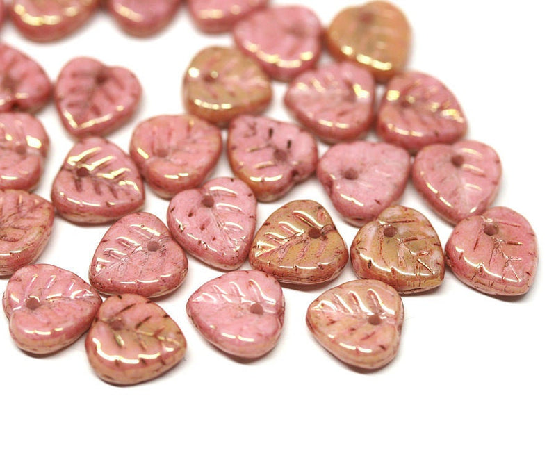 9mm Dark Pink leaf beads Golden luster Czech glass small leaves petals - 30pc