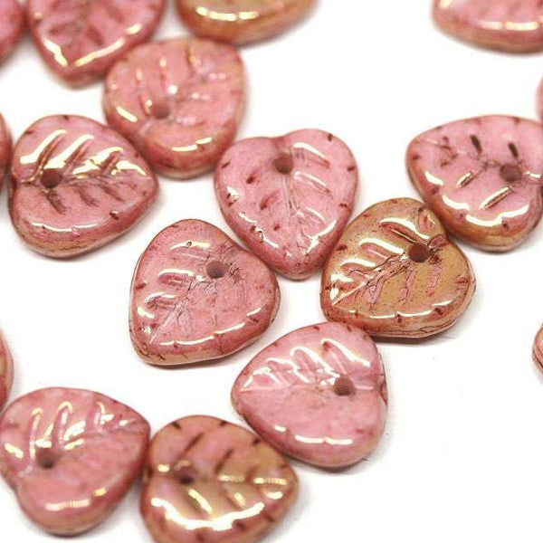 9mm Dark Pink leaf beads Golden luster Czech glass small leaves petals - 30pc