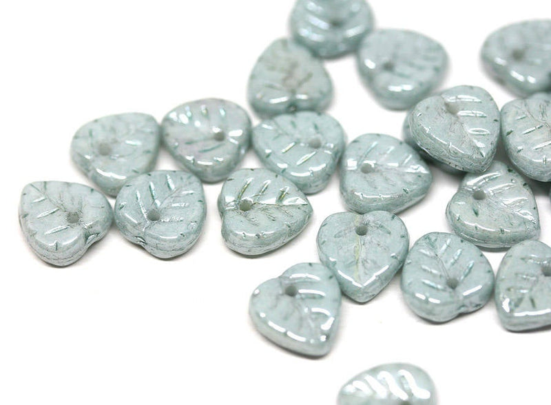 9mm Grey Green leaf beads Lustered antique greenб Czech glass - 30pc