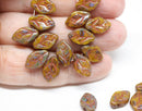 12x7mm Ocher Yellow leaf beads Picasso Dark Yellow brown Czech glass - 25Pc