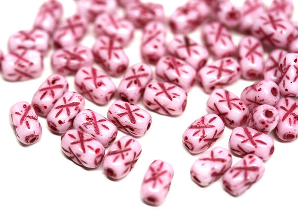 6x4mm White czech glass rice beads Purple Red stars ornament small oval beads - 50pc