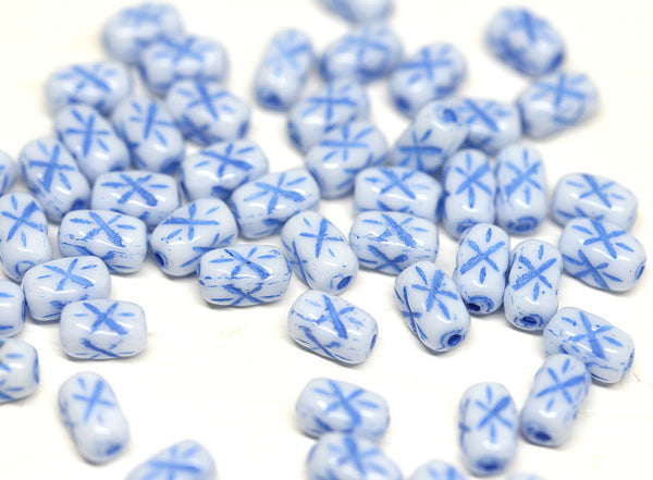 6x4mm White czech glass rice beads Blue stars ornament small oval beads 30pc