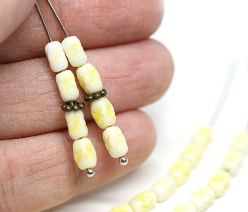 6x4mm White czech glass rice beads Lemon Yellow stars ornament small oval beads - 50pc
