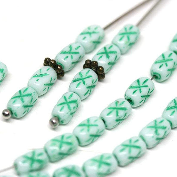 6x4mm White czech glass rice beads Green stars ornament small oval beads - 50pc