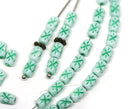 6x4mm White czech glass rice beads Green stars ornament small oval beads - 50pc