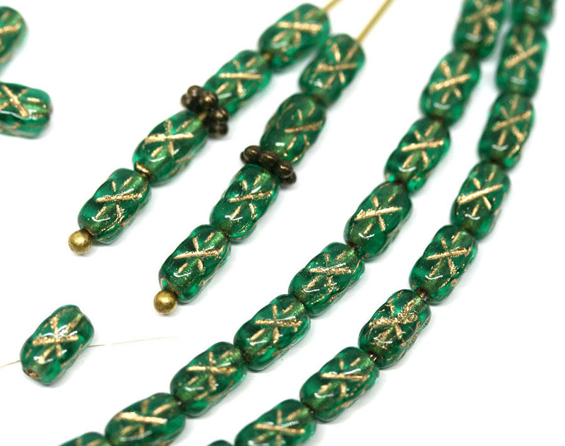 6x4mm Green czech glass rice beads Golden stars ornament small oval beads - 50pc
