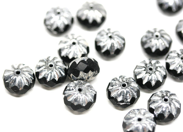 7x10mm Black Silver rondelle Crueller glass beads - 8Pc