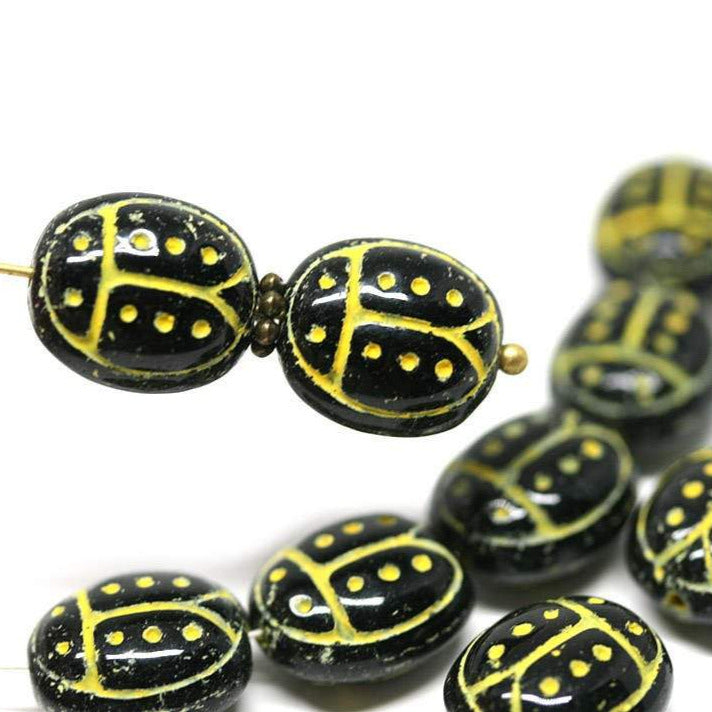 12Pc Black ladybug beads, Yellow dots, czech glass beads - 13mm