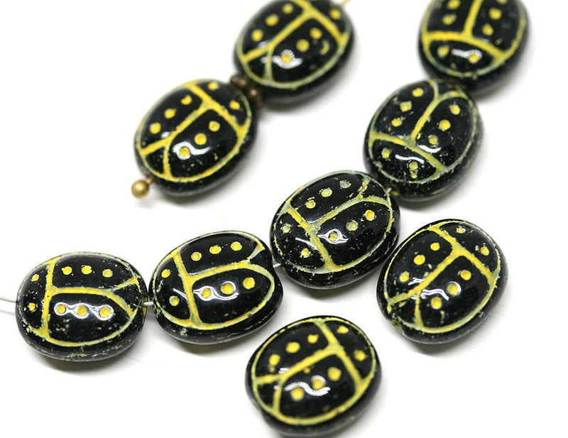 12Pc Black ladybug beads, Yellow dots, czech glass beads - 13mm