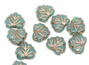 11x13mm Opal Green Czech glass leaf beads Rose Gold inlays - 10Pc