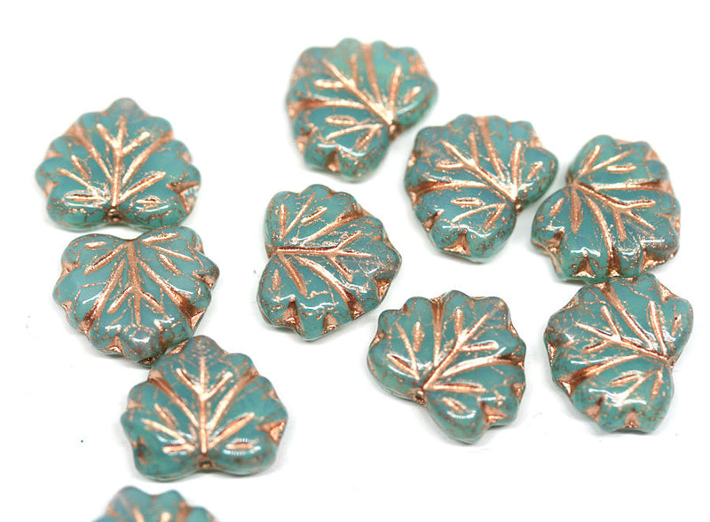 11x13mm Opal Green Czech glass leaf beads Rose Gold inlays - 10Pc