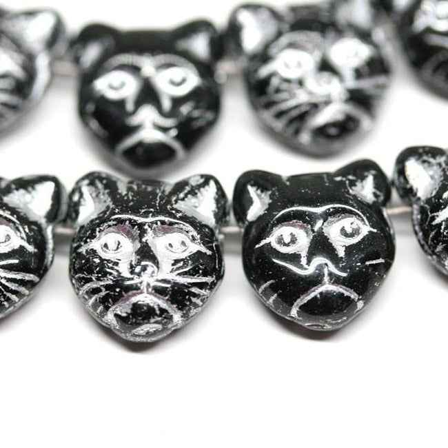 8pc Black glass Cat beads mix, Black Silver czech glass beads