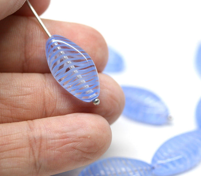 22x12mm Light Blue long glass beads, oval flat with stripes - 6Pc