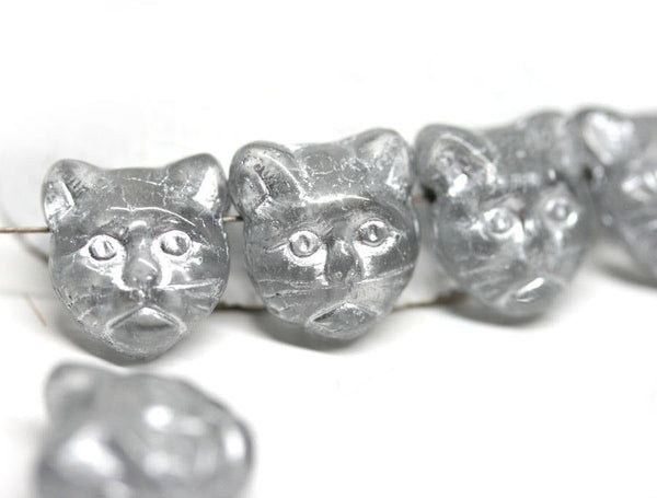 8pc Gray Cat beads Grey Silver czech glass beads
