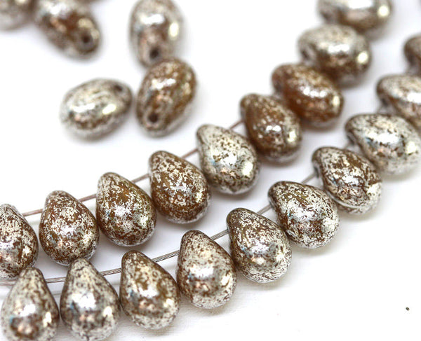 5x7mm Brown glass drops Silver teardrop beads Silver wash czech glass - 30pc
