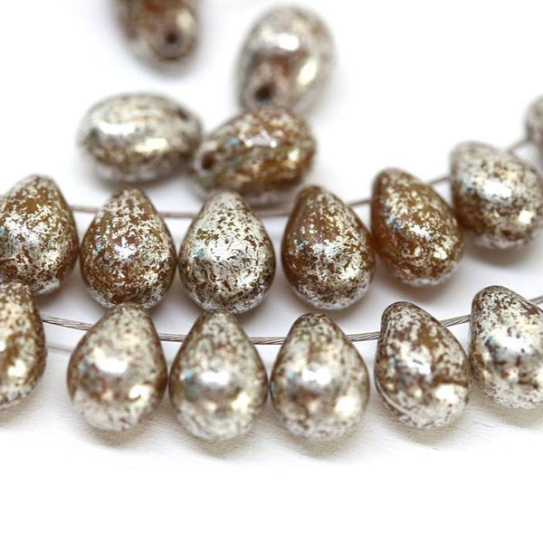 5x7mm Brown glass drops Silver teardrop beads Silver wash czech glass - 30pc