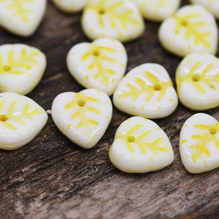 9mm White Yellow leaf beads, Heart shaped triangle leaf - 30pc