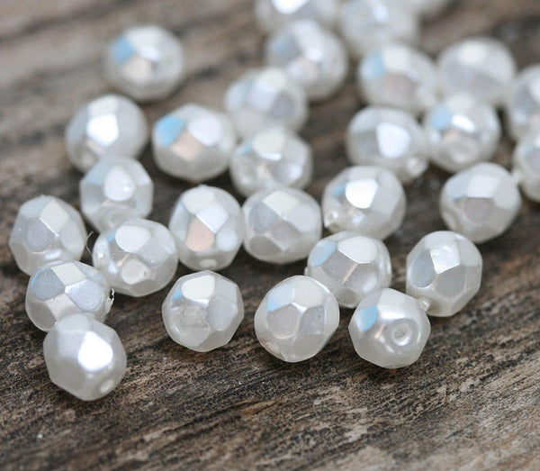 6mm White Faux pearls Czech glass round beads fire polished spacers 20Pc