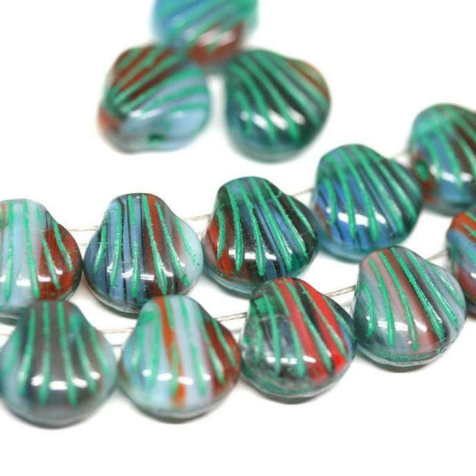 20pc Green Blue glass shell beads Side drilled - 9mm