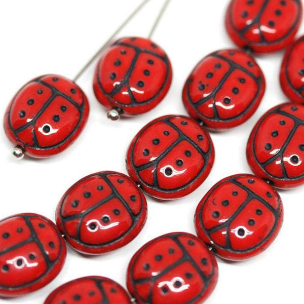 13mm Red ladybug Czech glass beads 6pc per color