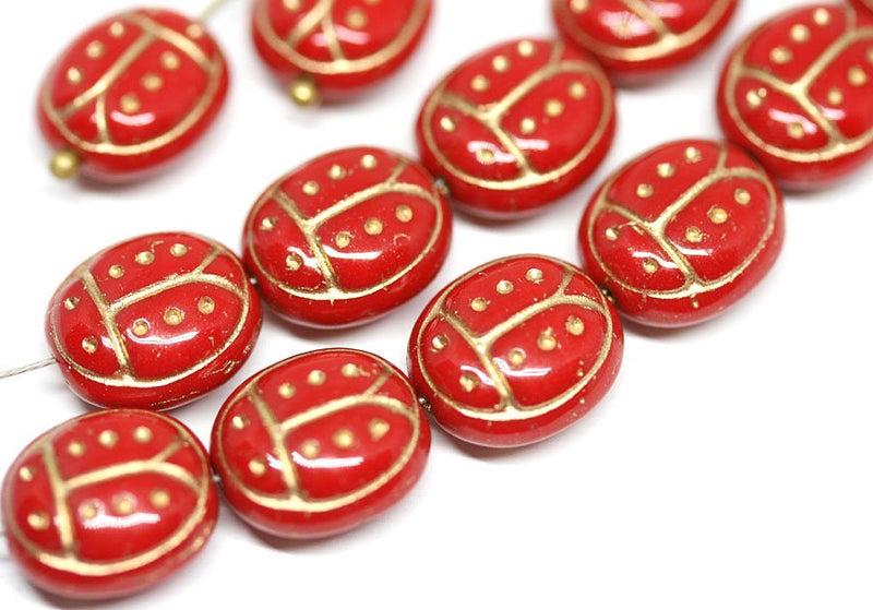 6Pc Red glass ladybug bead Golden dots Red Gold czech glass beads - 13mm