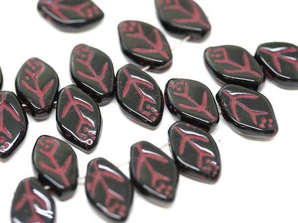12x7mm Black leaf beads Czech glass jet black beads Dark pink inlays - 25Pc