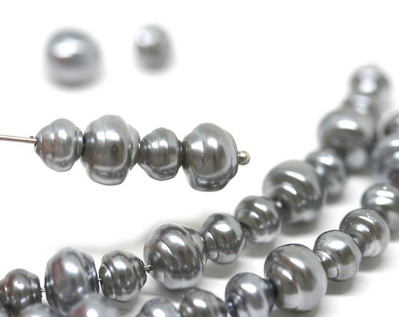 Grey silver Faux pearls czech glass round beads mix 6mm 8mm - 30Pc