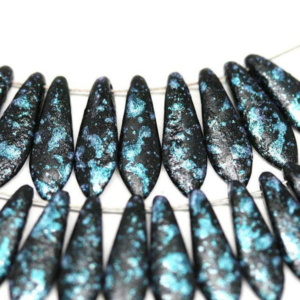 20pc Black dagger beads Black Blue czech glass beads - 5x16mm