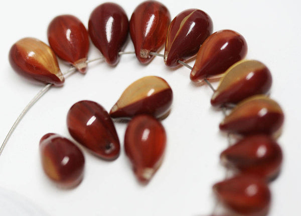 20Pc Red Yellow drop beads, Dark Red czech glass - 6x9mm