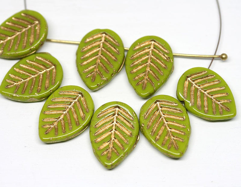 12x16mm Green Side drilled leaf beads Gold wash czech glass beads 8pc